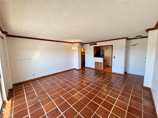 unfurnished living room with crown molding and a textured ceiling