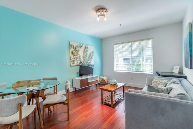 living room with dark hardwood / wood-style flooring