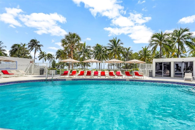 view of swimming pool with a patio area