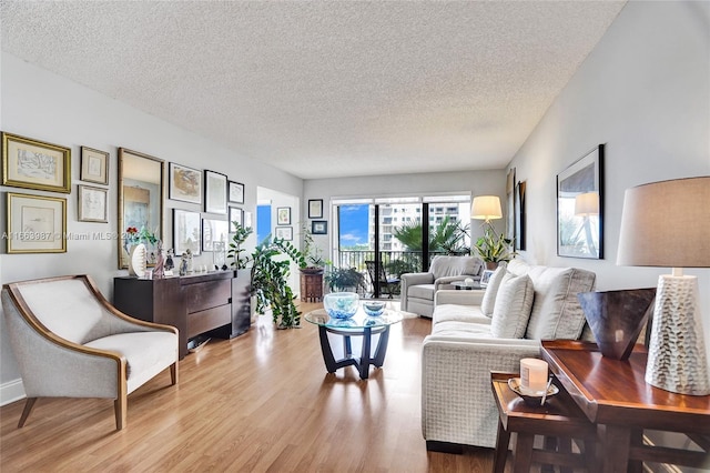 living room featuring a textured ceiling and light wood-type flooring