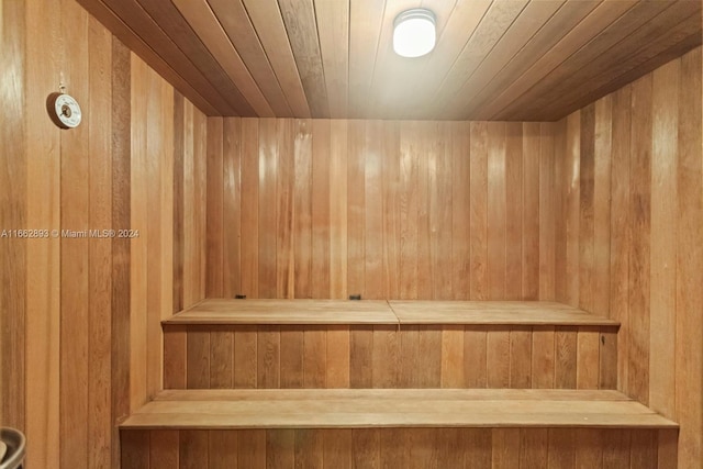 view of sauna / steam room with wood ceiling and wood walls