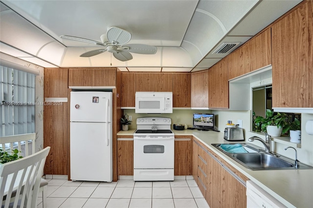 kitchen featuring ceiling fan, sink, light tile patterned floors, and white appliances