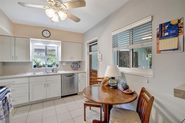 kitchen featuring white cabinets, backsplash, stainless steel appliances, ceiling fan, and sink