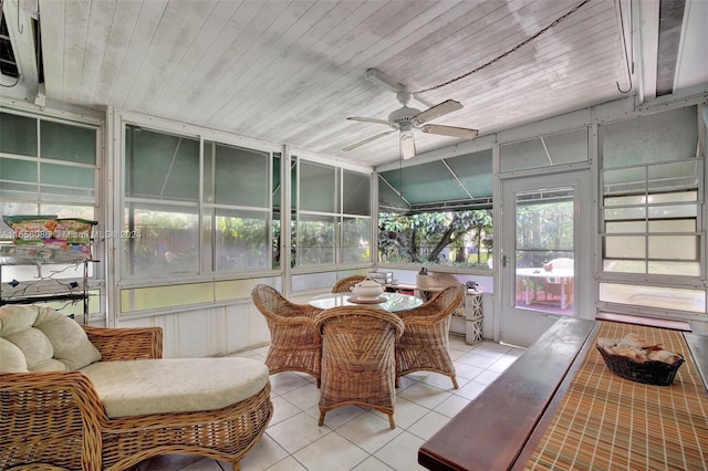 sunroom featuring wooden ceiling, lofted ceiling, and ceiling fan