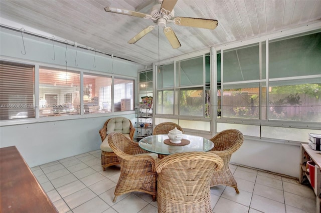 sunroom / solarium with ceiling fan and wooden ceiling