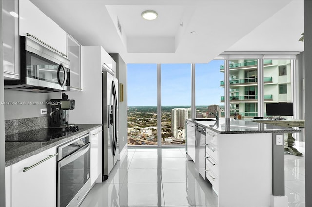 kitchen featuring white cabinetry, expansive windows, dark stone counters, and appliances with stainless steel finishes