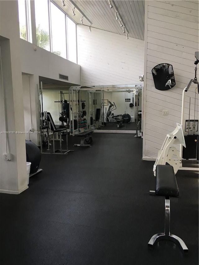 gym with wooden walls, a towering ceiling, and track lighting