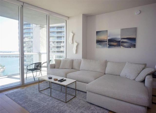 living room featuring a wall of windows and hardwood / wood-style floors