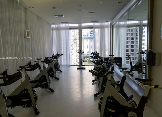 gym featuring a wall of windows and hardwood / wood-style flooring