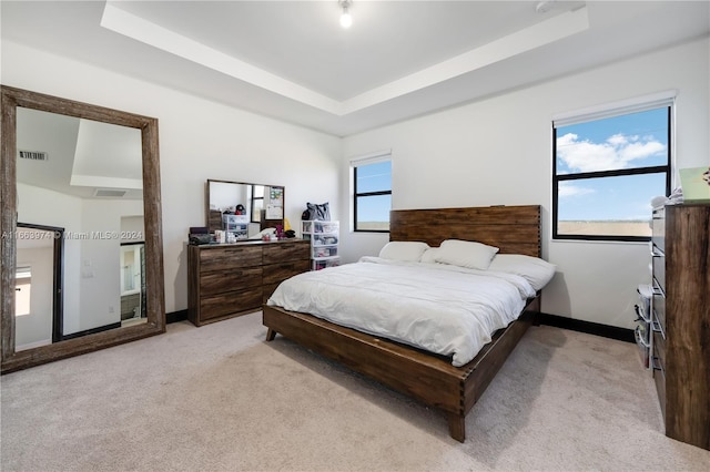 bedroom with light colored carpet and a raised ceiling