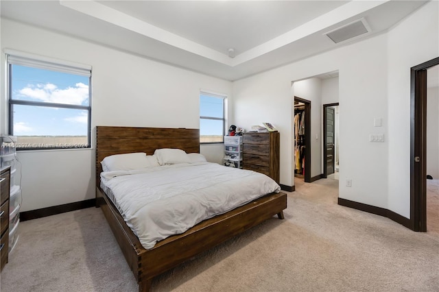 bedroom featuring light carpet, a closet, multiple windows, and a walk in closet