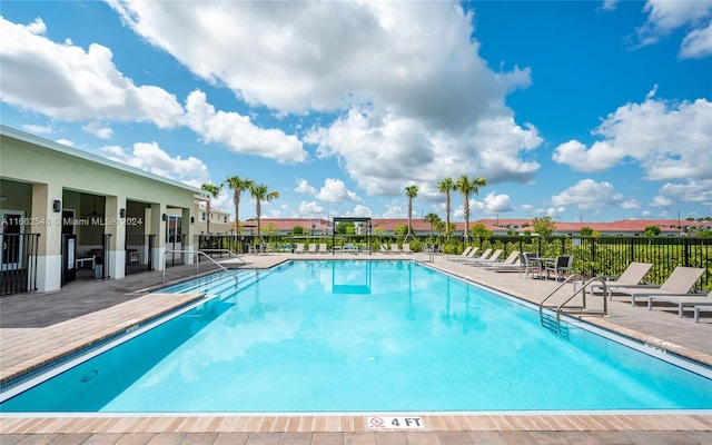 view of swimming pool featuring a patio area