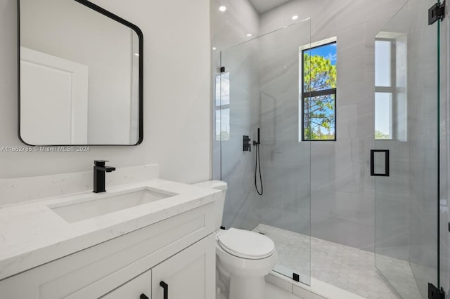 bathroom featuring a shower with shower door, vanity, and toilet