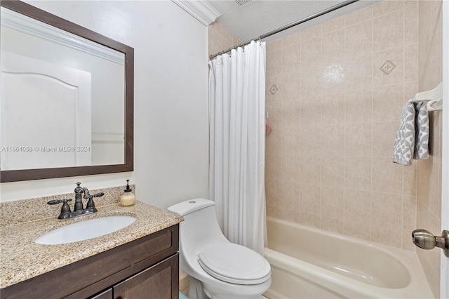 full bathroom featuring vanity, toilet, ornamental molding, a textured ceiling, and shower / tub combo with curtain