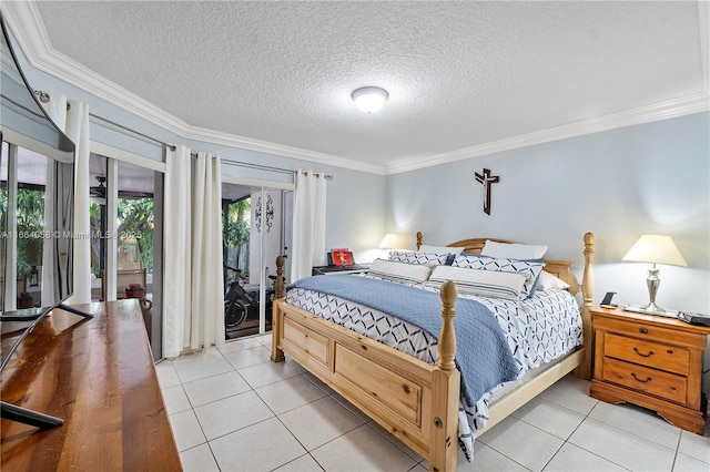 bedroom featuring crown molding, a textured ceiling, light tile patterned flooring, and access to exterior