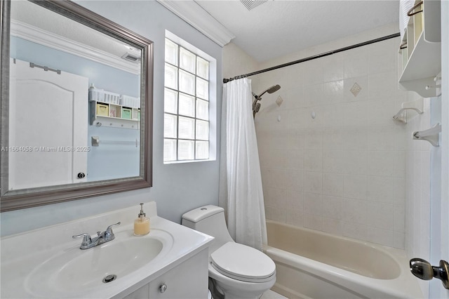 full bath with shower / bath combination with curtain, ornamental molding, vanity, and toilet