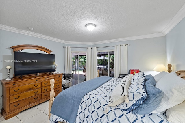 bedroom featuring access to exterior, a textured ceiling, crown molding, and light tile patterned flooring