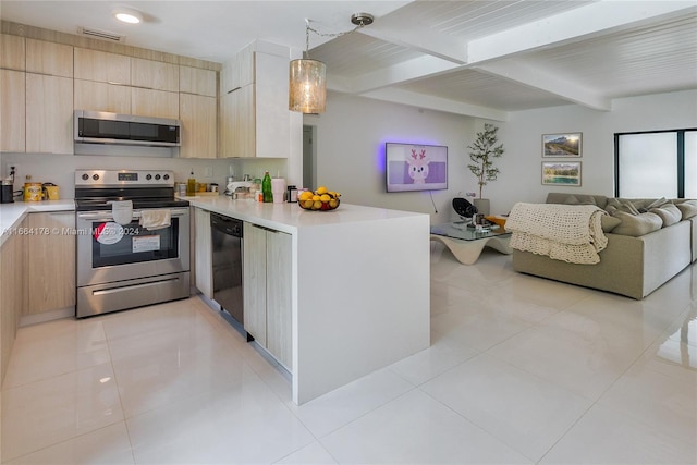 kitchen featuring beamed ceiling, light tile patterned flooring, appliances with stainless steel finishes, decorative light fixtures, and light brown cabinetry