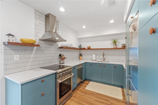 kitchen featuring backsplash, wall chimney range hood, sink, light wood-type flooring, and appliances with stainless steel finishes