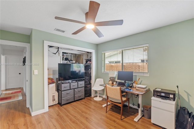 home office featuring ceiling fan and light wood-type flooring