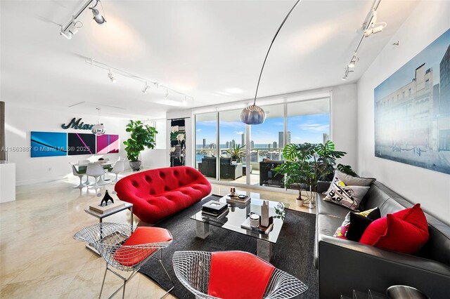 living area with rail lighting and a city view