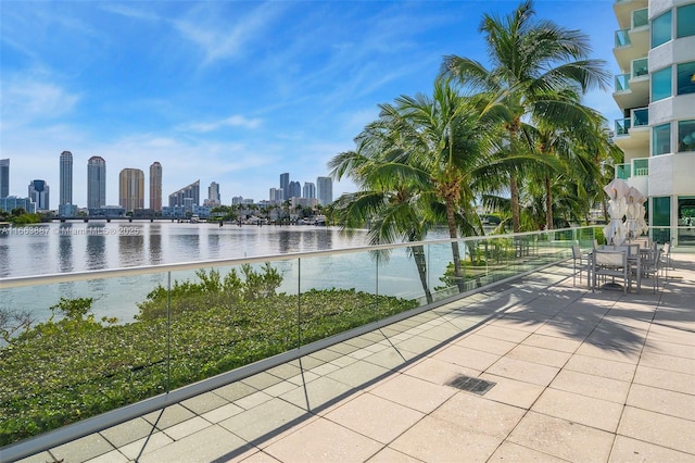 exterior space with a view of city and a water view