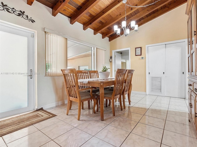 dining room featuring light tile patterned floors, vaulted ceiling with beams, a healthy amount of sunlight, wooden ceiling, and a chandelier