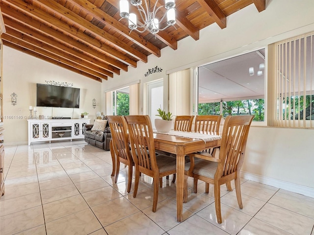 dining space featuring lofted ceiling with beams, a chandelier, wood ceiling, and light tile patterned floors