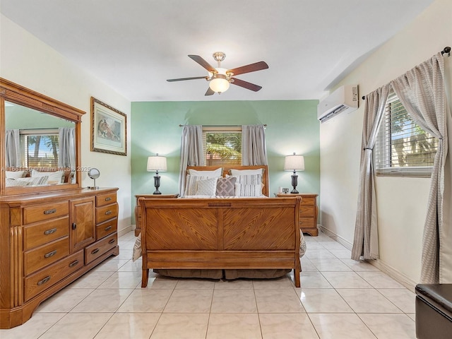 tiled bedroom with ceiling fan, a wall mounted air conditioner, and multiple windows