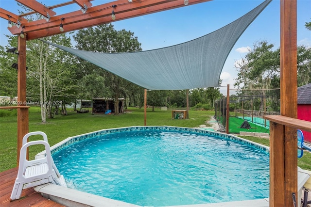 view of swimming pool with a yard