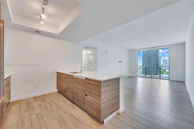 kitchen with light wood-type flooring, sink, floor to ceiling windows, kitchen peninsula, and rail lighting