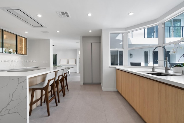 325 Campana Ave, Coral Gables, FL 33156 - kitchen featuring a sink, modern cabinets, recessed lighting, a breakfast bar area, and light stone countertops