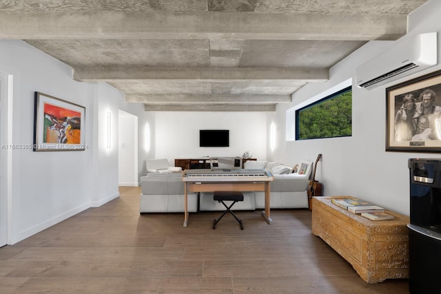 325 Campana Ave, Coral Gables, FL 33156 - living room featuring an AC wall unit, wood finished floors, an office area, and beamed ceiling