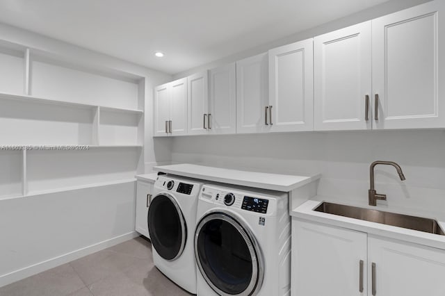 325 Campana Ave, Coral Gables, FL 33156 - clothes washing area with washer and dryer, cabinet space, recessed lighting, and light tile patterned floors