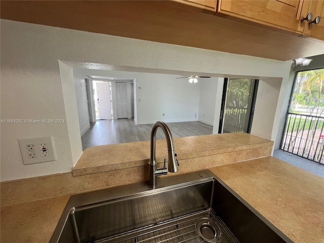 kitchen with light hardwood / wood-style flooring, ceiling fan, and sink