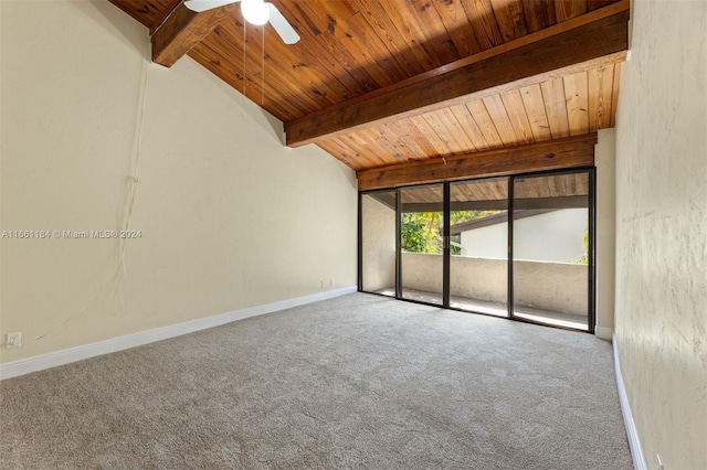 spare room with ceiling fan, wood ceiling, lofted ceiling with beams, and carpet floors