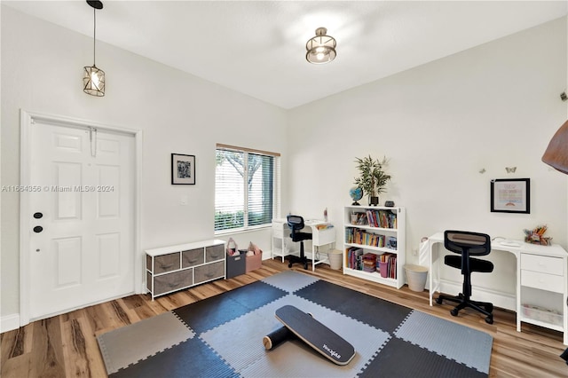 workout room with wood-type flooring