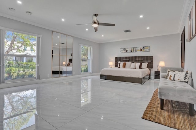 bedroom with recessed lighting, marble finish floor, crown molding, and visible vents