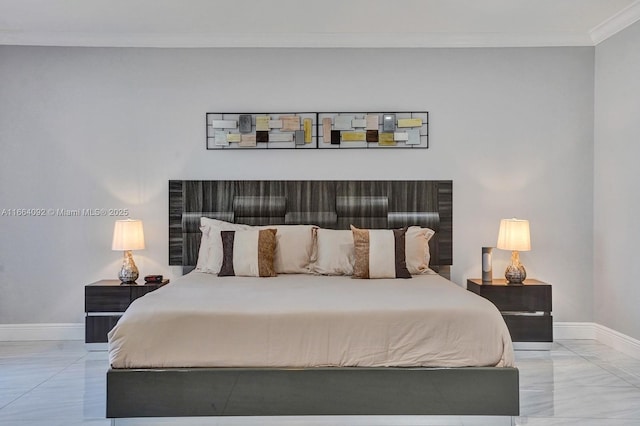 bedroom featuring baseboards, marble finish floor, and crown molding