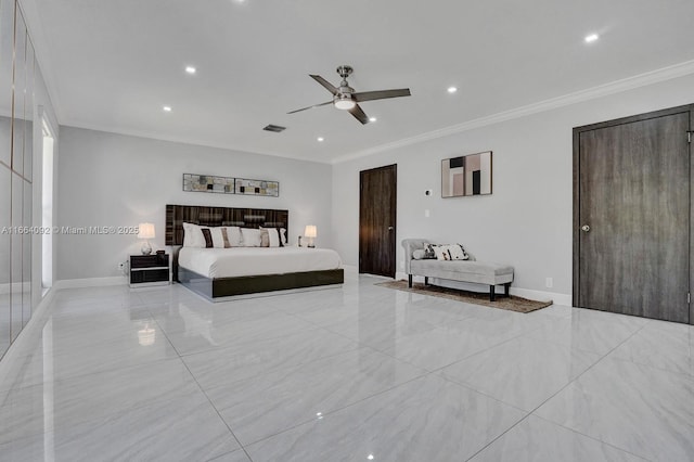 bedroom featuring baseboards, visible vents, recessed lighting, ceiling fan, and crown molding