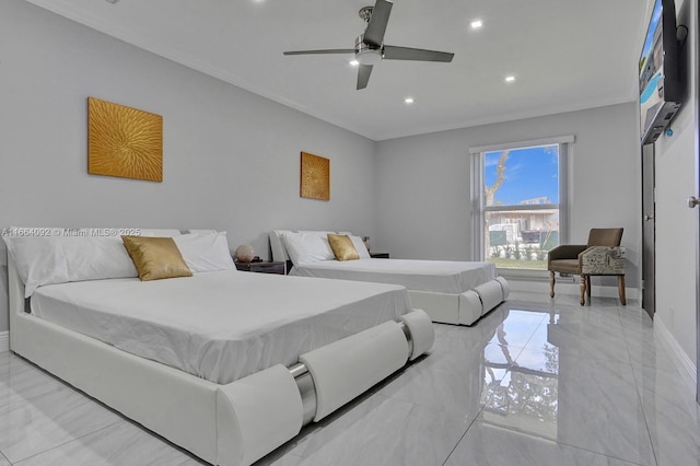 bedroom featuring a ceiling fan, recessed lighting, baseboards, and marble finish floor