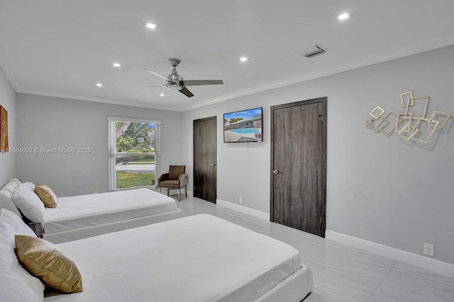 bedroom with recessed lighting, visible vents, baseboards, and ornamental molding