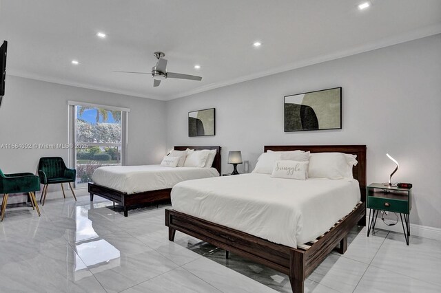 bedroom featuring ornamental molding and ceiling fan