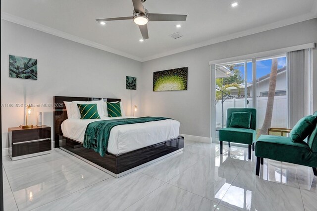 bedroom with ceiling fan and ornamental molding