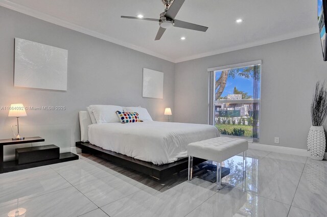 bedroom with ceiling fan and crown molding