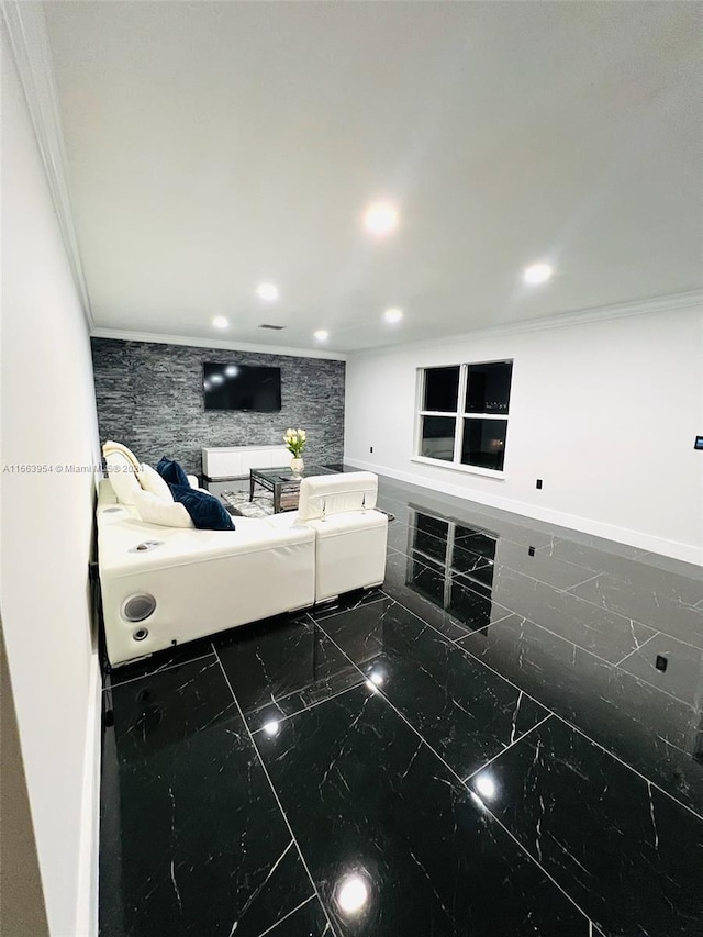 interior space featuring crown molding, a fireplace, and tile walls