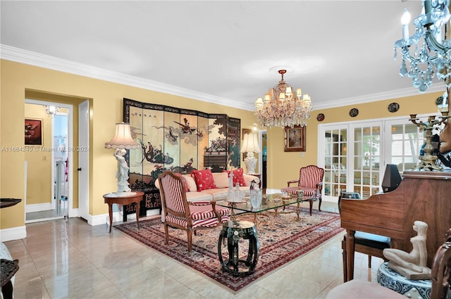 living room with a notable chandelier and crown molding