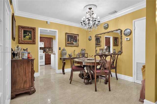 dining area with a notable chandelier, light tile patterned floors, and crown molding