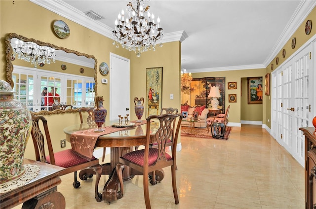 dining space with french doors, light tile patterned floors, a chandelier, and ornamental molding