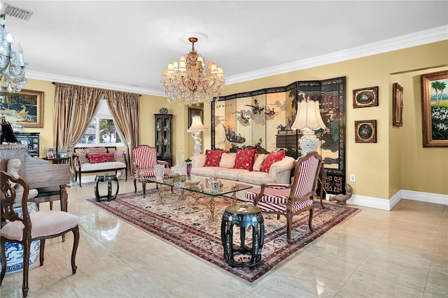 living room featuring ornamental molding and a notable chandelier